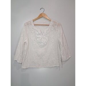 White Eyelet Lace Split V-Neck 3/4 Sleeve Floral Blouse Top XL Cotton Blend